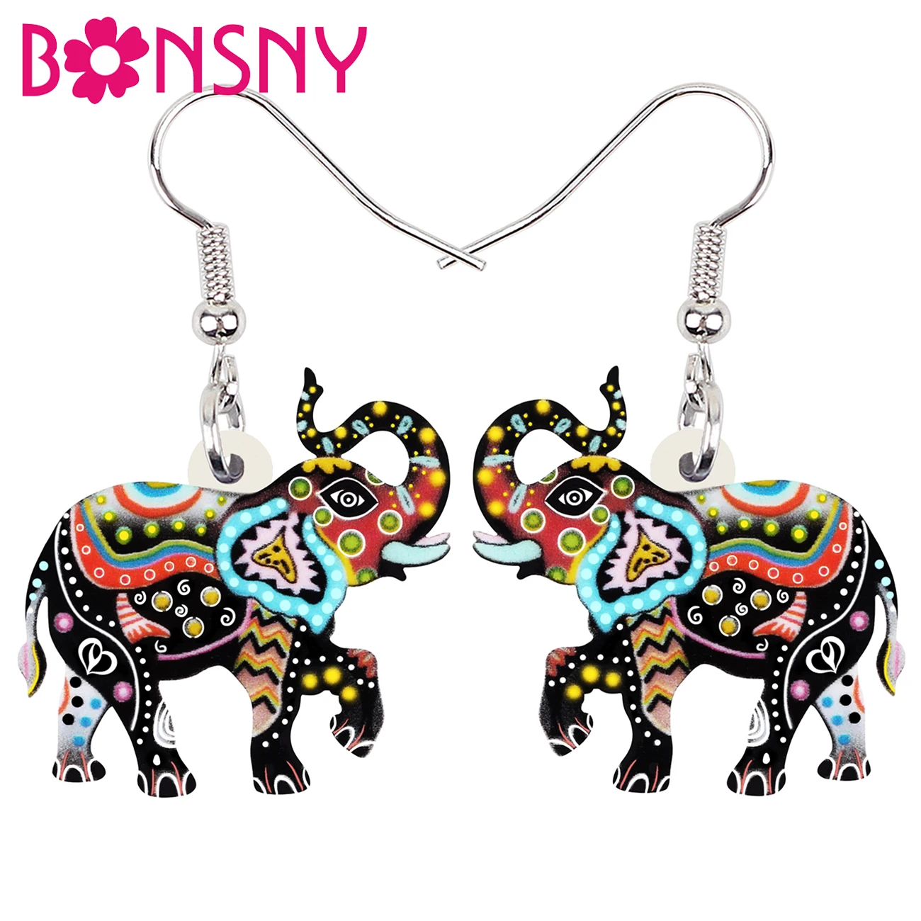 BONSNY Acrylic Africa Vintage Totem Long Nose Elephant Earrings Long Drop Dangle Fashion Animals Gifts Jewelry For Girl Women