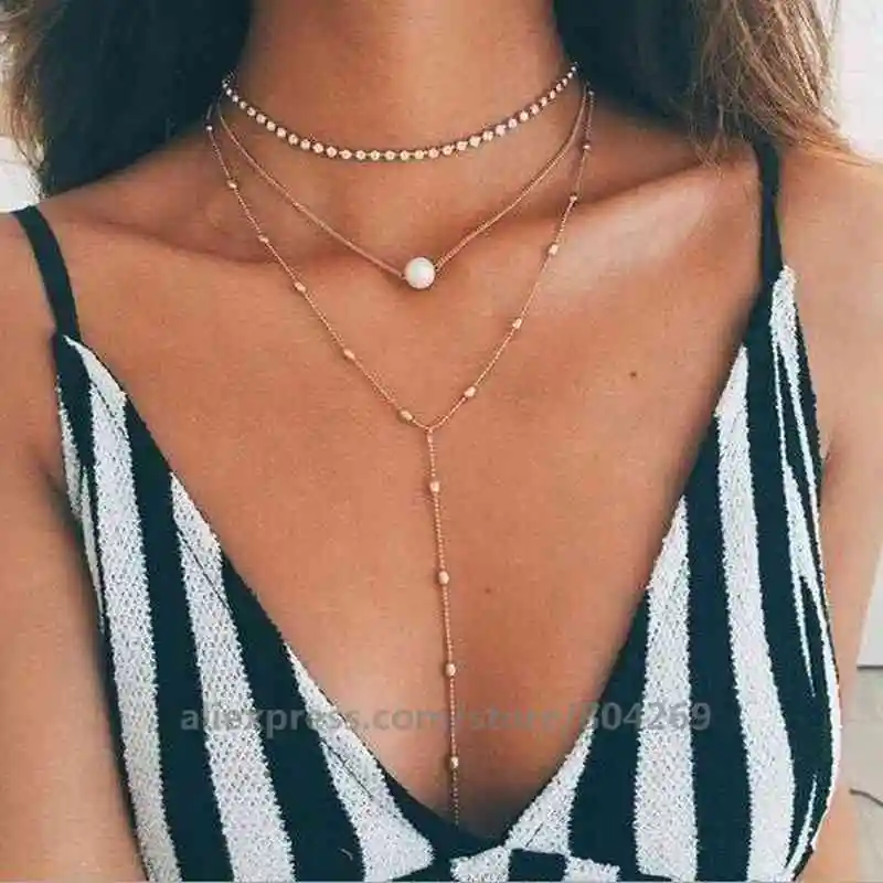 

120pcs/lot Multi choker Necklace Lady Three Layers Necklaces Collares Necklace Flat Chain Chocker xl19090414
