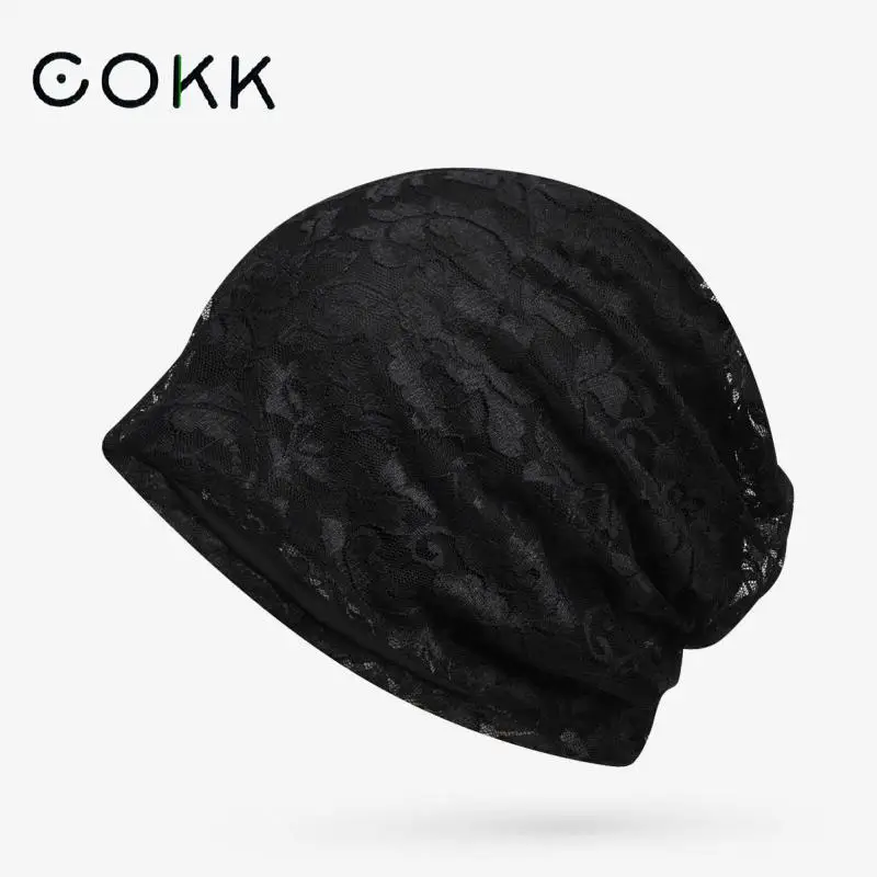 

COKK Beanie Hats For Women Hollow Lace Flower Pattern Autumn Summer Beanie Thin Hat Baggy Cap Bonnet Gorro Breathable Headgear