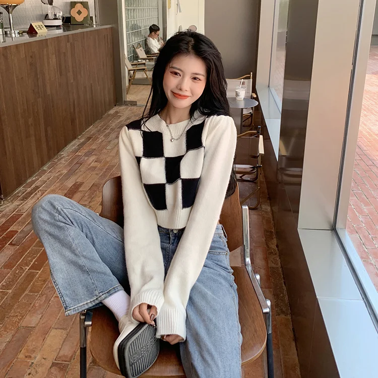 

Женский короткий свитер в клетку с принтом на весну и осень