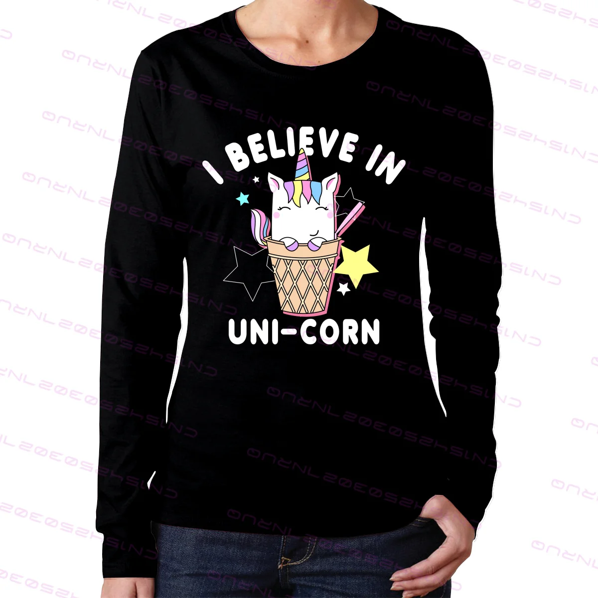 

Cute Unicorn I Believe In Uni-corn Fashion women's slim long sleeve T-shirt