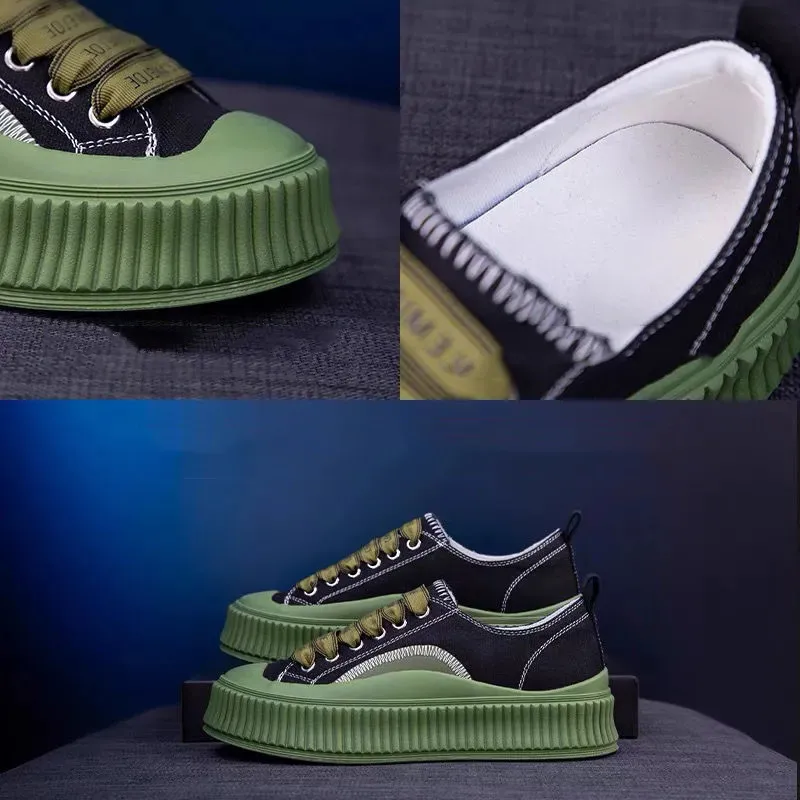 Round Head Lace-Up White Canvas Shoes Retro Non-Slip Green Platform Shoes High Quality Heighten Flat Casual Vulcanize Shoes