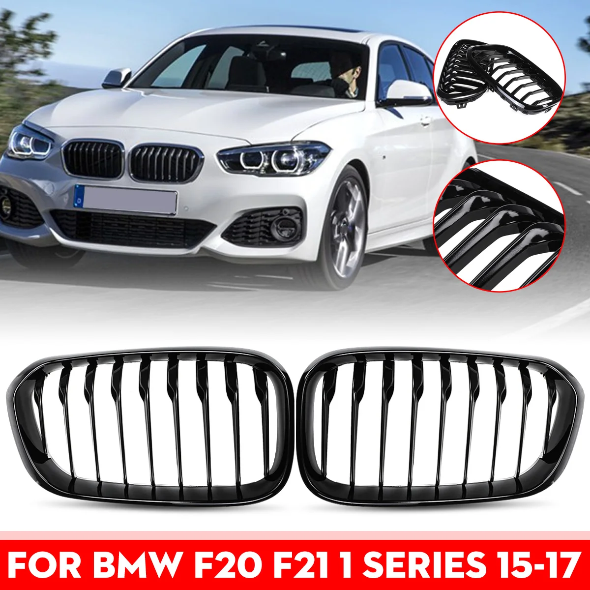 

NEW 1 Pair Car Front Bumper Kidney Grilles Gloss Black 1 Slat For BMW F20 F21 LCI 5D 3D 1-Series 120i 2015-2017 Racing Grille