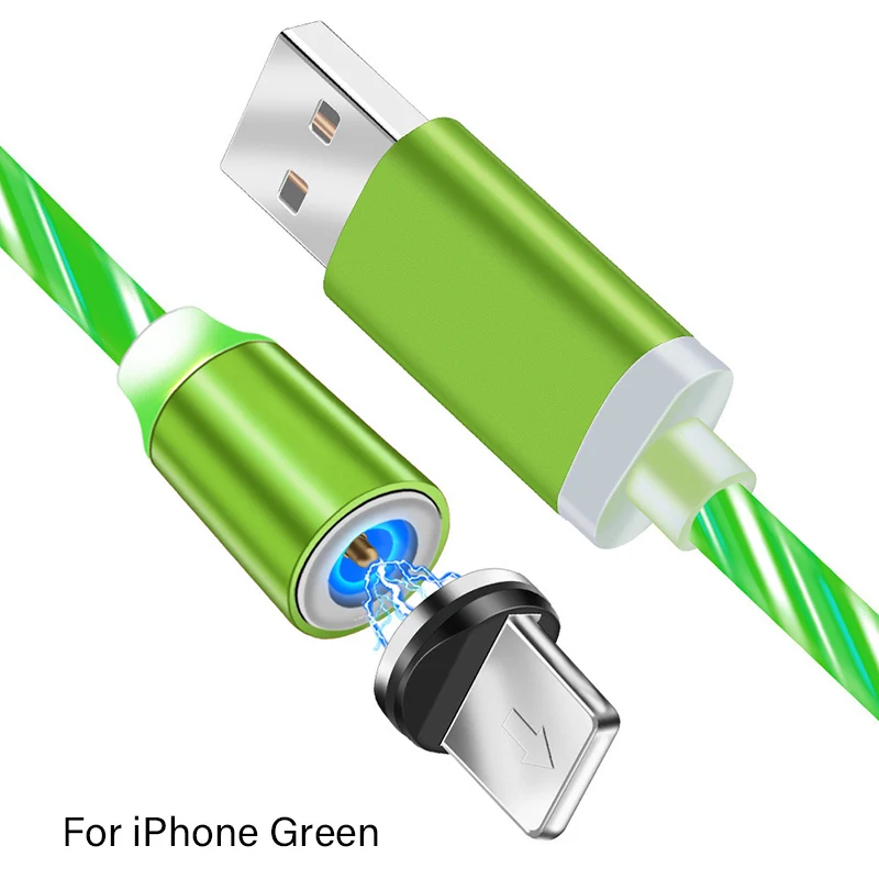 Green For iphone Светодиодный стример поглощающая электромагнитное излучение кабель светящийся микро Тип usb C 8 Pin кабель для быстрой зарядки потока яркий МАГНИТ Зарядное устройство Шнуры Провода - Цвет: Green For iphone
