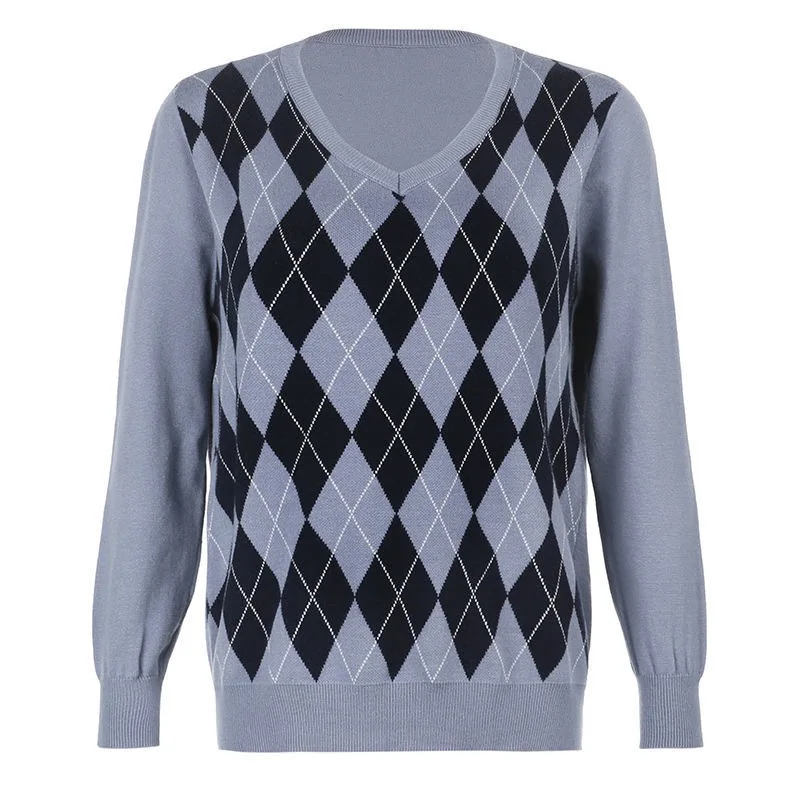 

Preppy Style Argyle Geometric Knit White Sweater Women 2020 Autumn Vinage Plaid Jumper Winter Pullover Y2K Tops Knitwear Outfits