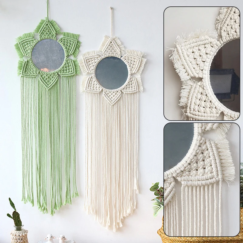 

Macrame Mirror Handmade Tapestry Makeup Mirror Woven Flower Petals Shape Bohemian Decor Home Room Decorative Tassel Wall Mirror