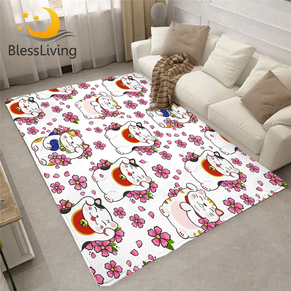 

BlessLiving Lucky Cat Гостиная ковры вишни детский игровой коврик японский ковер 122x183 милые уютные кошка коврик