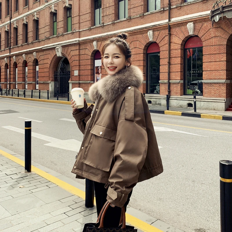 Real Fox Fur Collar Padded Jacket Winter Women Liner Plus Velvet Warm Parka Short Coats For Womans Korean Loose Outwear Mujer | Женская