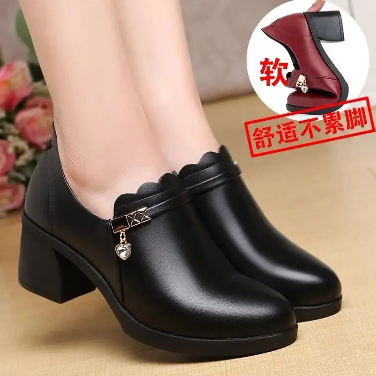 

Fashion Women Pumps Shoes Woman Leather Zipper Thick High Heels 5cm Ladies Autumn 2021 Middle Heel Low Boots Dress Shoe Black 40