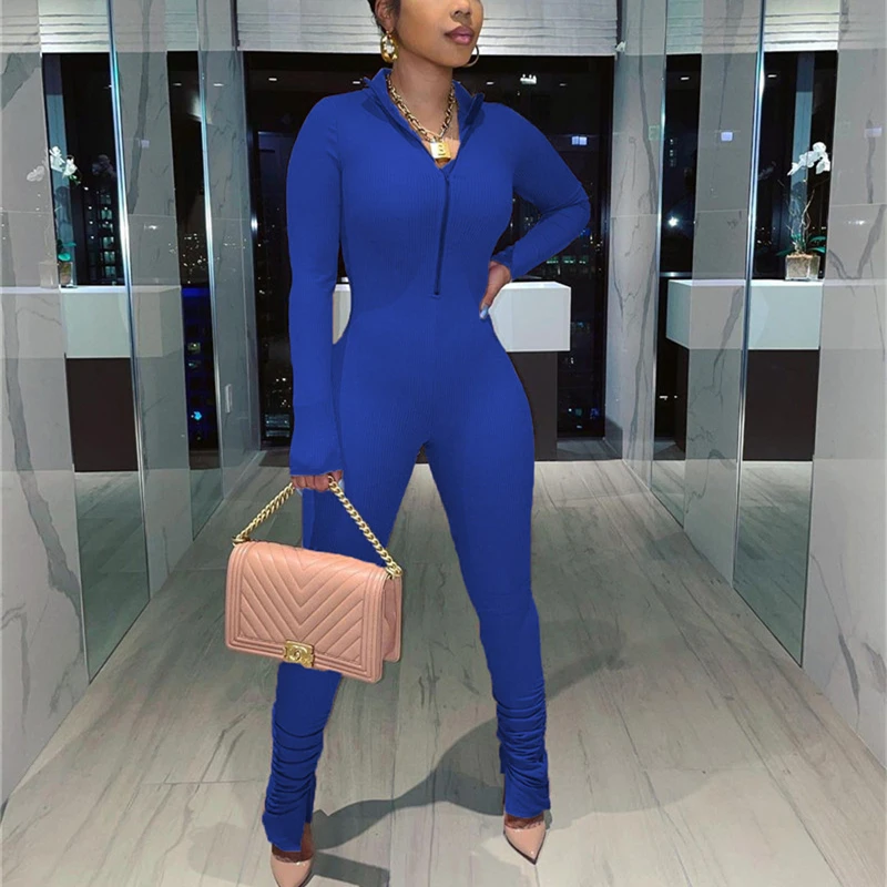 

Zipper Fall Long Sleeve Stacked Jumpsuit Women One Piece Outfit Skinny Split Hem Bodycon Rompers Womens Jumpsuit Female