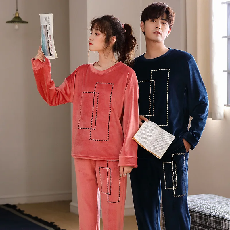 Couple Pajamas Flannel Thickened Warmth Autumn Winter Round Neck Ladies Casual Sleep Wear Men's Lounge Suits Clothes for Women