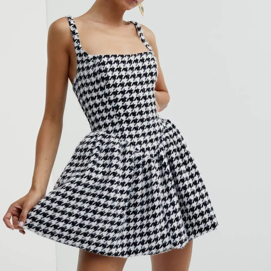 

JUNWU Summer Women's Chic Houndstooth Design Strapless Zipper Sling Waist Dress Aline Sweet Girl British Style
