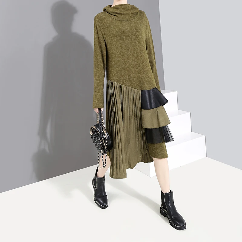 Новинка 2019 Женское зимнее Длинное Зеленое плиссированное платье с длинным