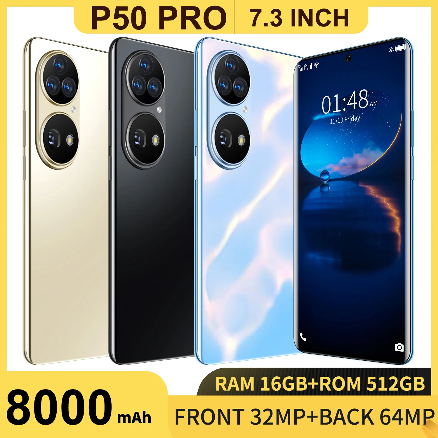 

Smartphones P50 Pro 7.3 Inch 16+512GB 32+64MP 4G LTE 5G Andriod 11.0 Fingerprint Face Unlock Dual SIM 8000mAh Mobile Cell Phone