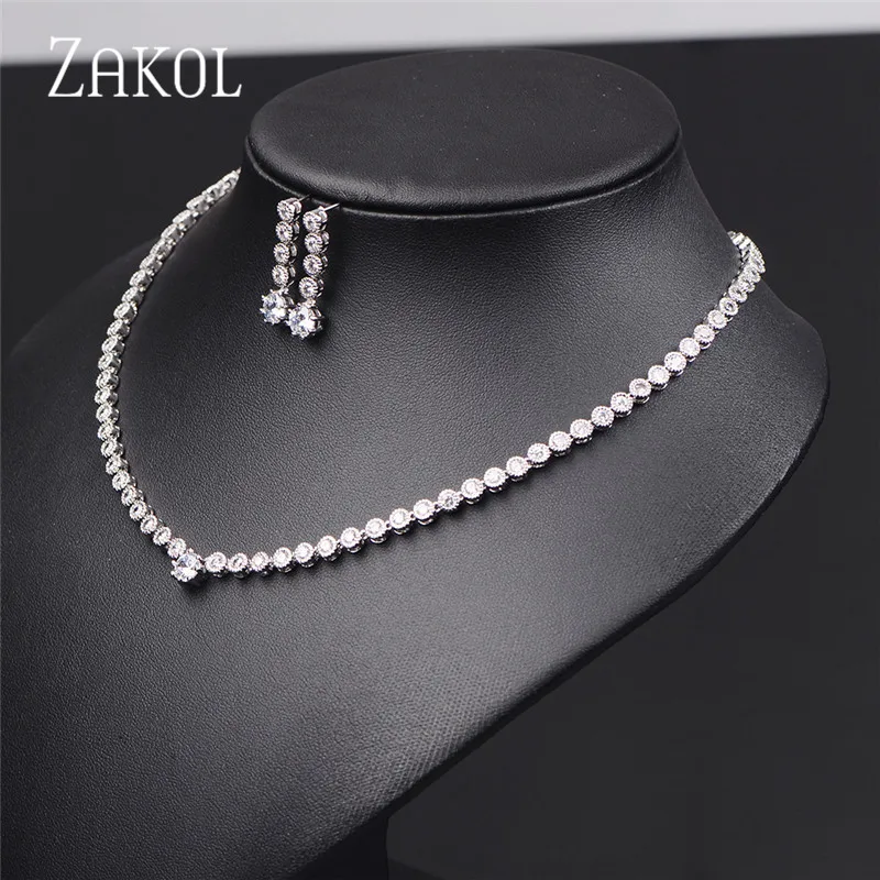 ZAKOL модные белые круглые кубические циркониевые серьги ожерелье Свадебные