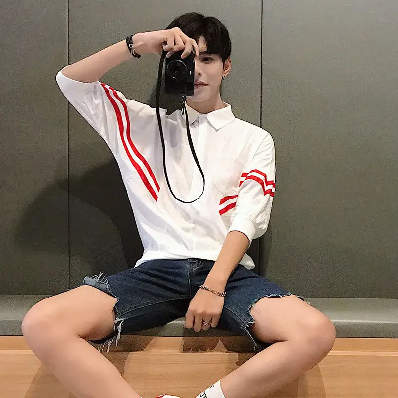 

Summer Loose Fitting Short Sleeve T-shirt Men's 5 / 7 / 7 Medium Sleeve Shirt Collar T-shirt Half Sleeve