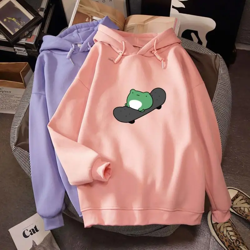 

1pc Fashion Skateboard Frog Hoodie Oversized Sweatshirt Men Women Solid Color Casual Warm Pullover Plus Velvet Hooded Tops