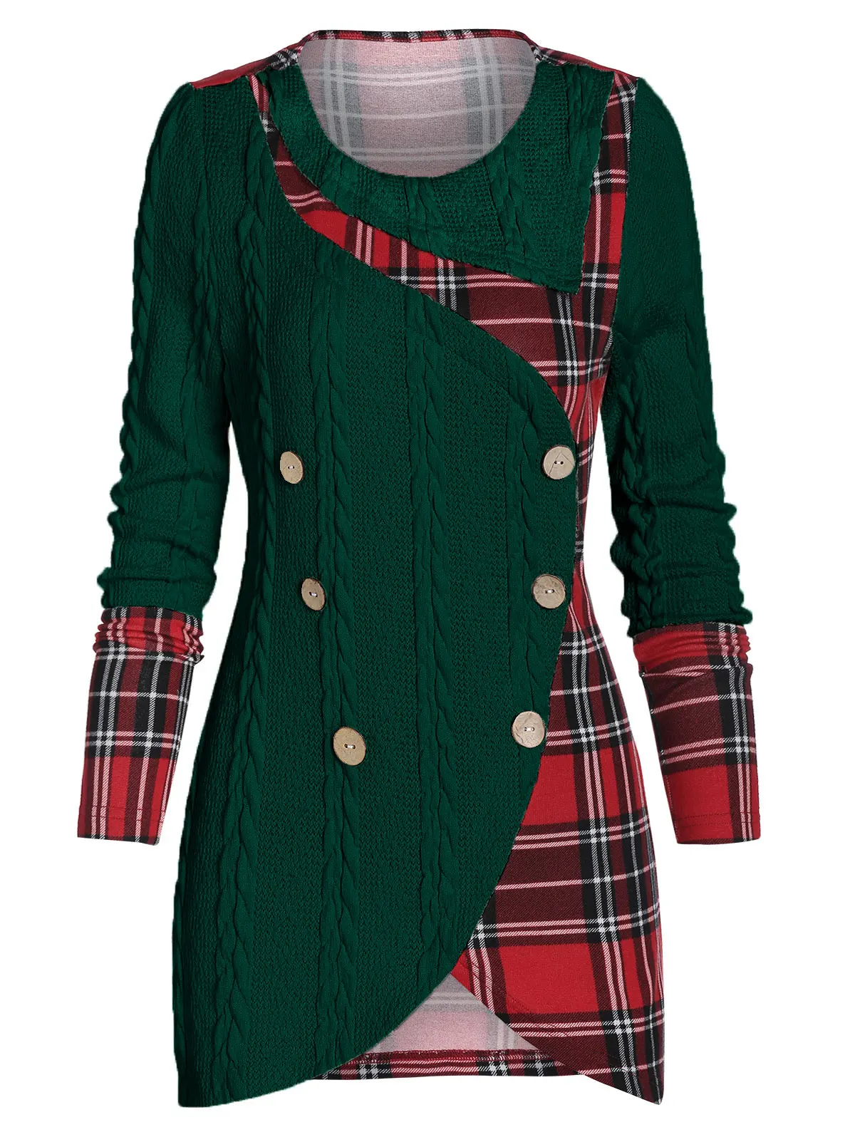 weitongbuWomen Tartan Panel Mock Button High Low Sweater Elastic Casual Plaid Longline Long Asymmetric Pullovers | Женская одежда