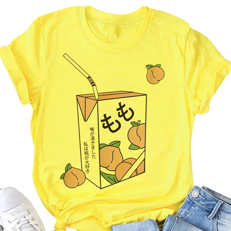 White T-shirt Women Cartoon Peach Juice Japanses Aesthetic Grunge Pink T Shirt Harajuku Cute Kawaii Summer Casual Tshirt Tops | Женская