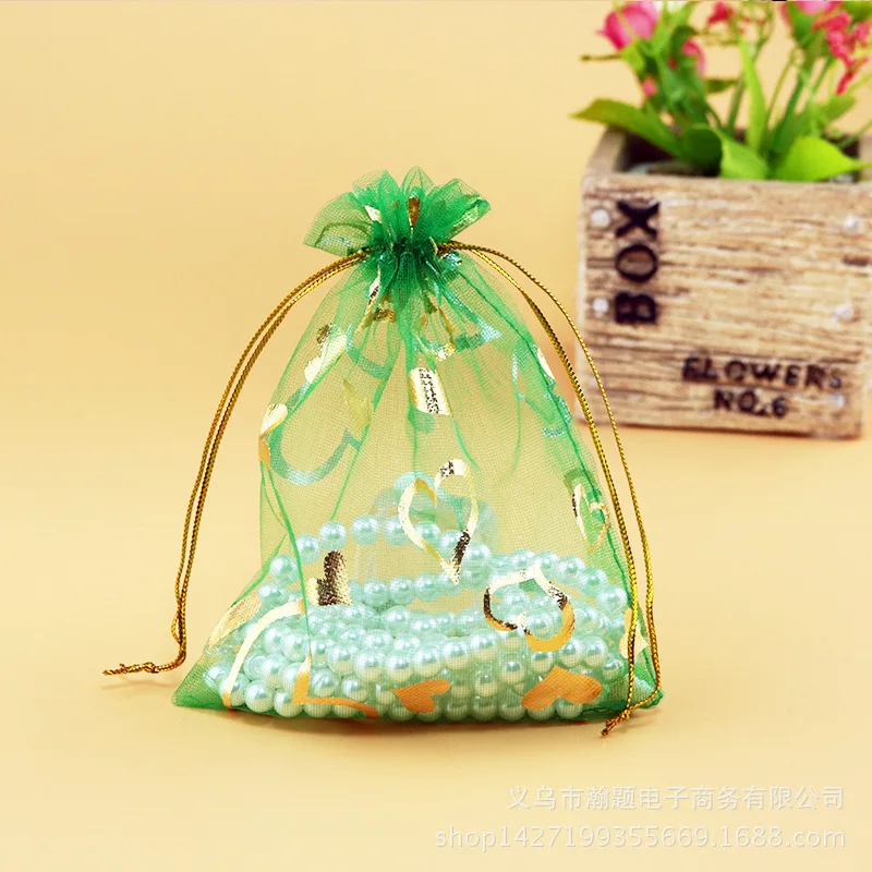 same as pic 50 шт. сумки из органзы 4 размера на выбор 7*9 см/10*12 см/11*16 см/13*18 см сумки с принтом сердца Золотые струны красочные хранения ювелирных изделий - Цвет: same as pic