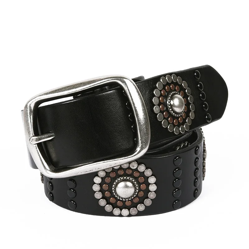 

Punk Rock Music Band Sunflower Round Stud Stylish Mixed Gender Genuine Leather Fully Grain Cowhide Hardcore Belt