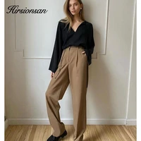 hirsionsan high waisted loose straight trousers women 2021 new office lady cusual wide leg pants vintage zipper up female pants