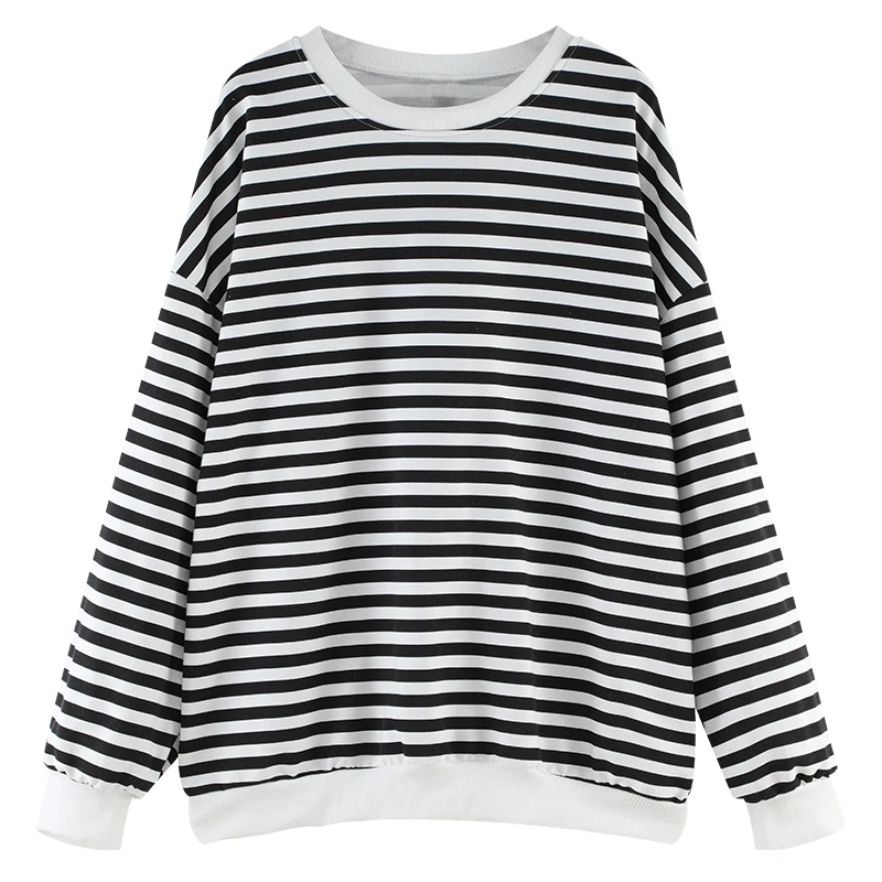 

2021 Autumn Korean Style Round Neck Striped Long-sleeved Loose Sweater Women Sweatshirt