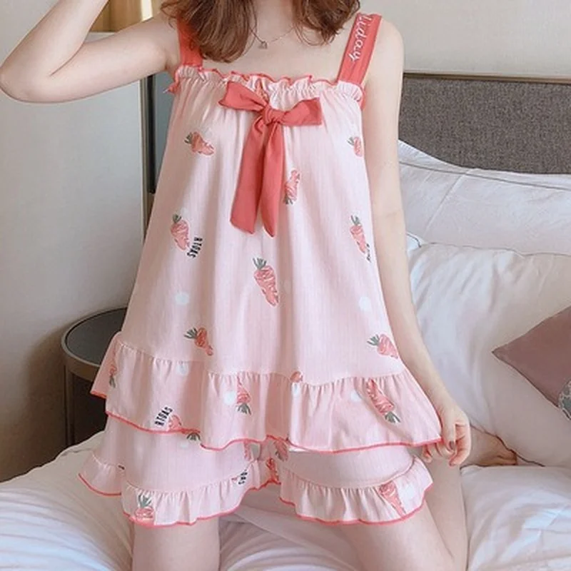 

Pajamas Women Summer Short-sleeved Thin Sleeveless Camisole Shorts Sleepwear Strawberry Pajamas Set Ladies Home Service
