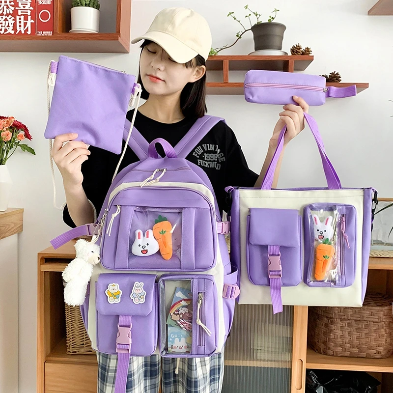 Kawaii холст Для женщин рюкзак 4 шт. набор для девочек подростков школьная сумка