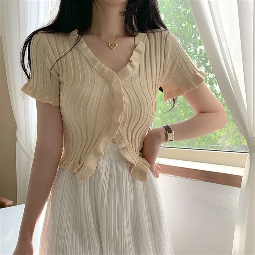 

Korean Style Summer Casual Short Sleeve Ruffles Cardigan Women Open Buttons V neck Cropped Sweater Sueters De Mujer