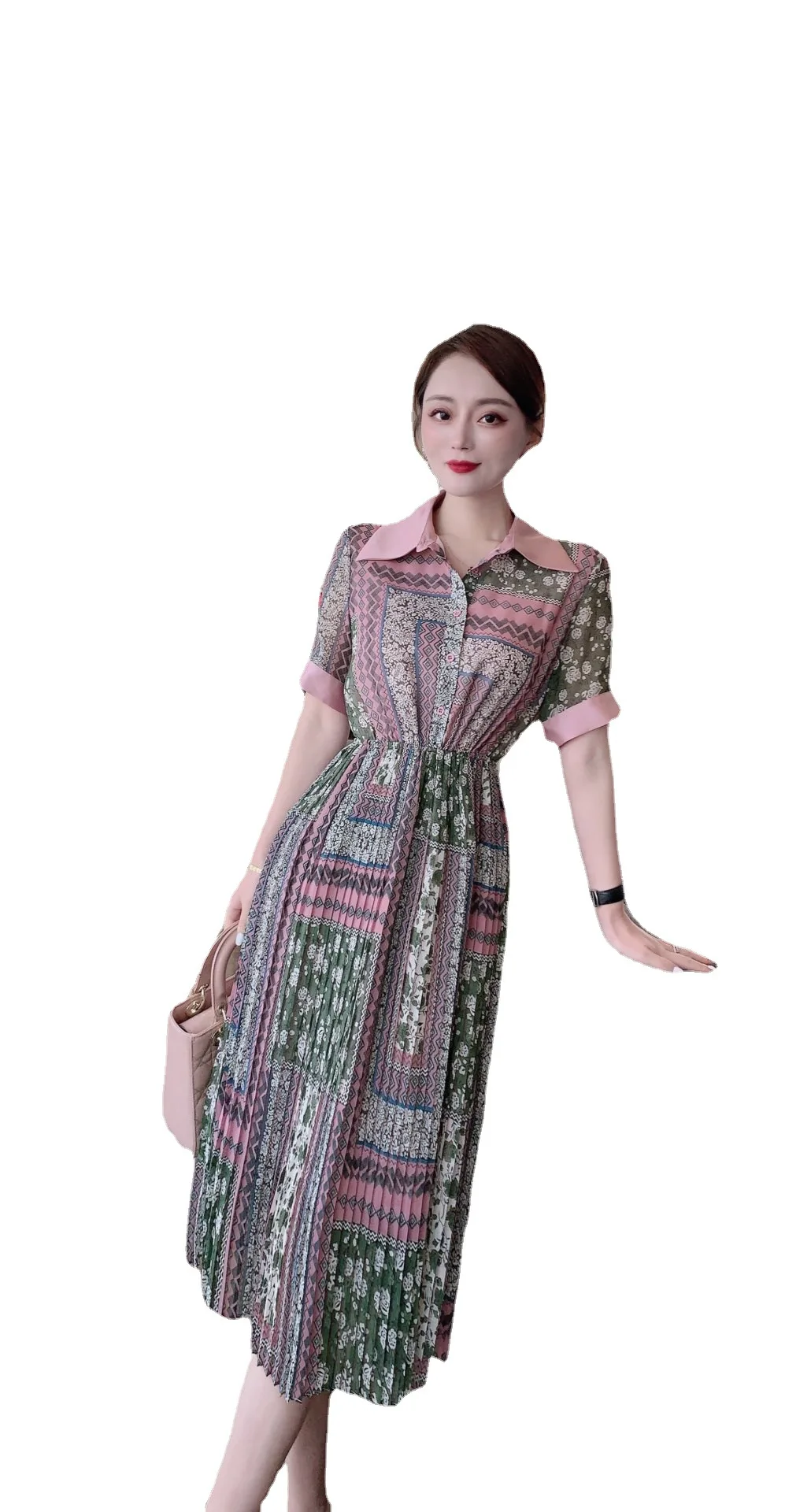 

Georgette pleated print dress long sleeve summer women's fashion 2021 NEW