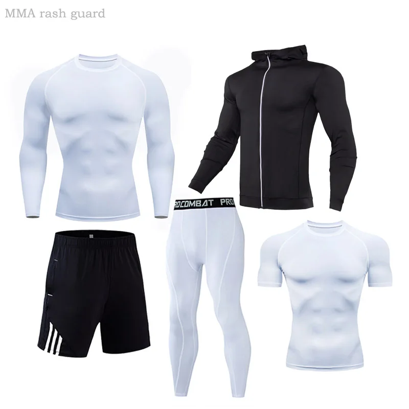 

Men Thermal Underpants Leggings Men Compression Sportswear Suits Gym white Tracksuit Jogging set Thermal Long johns 5 pc /suits