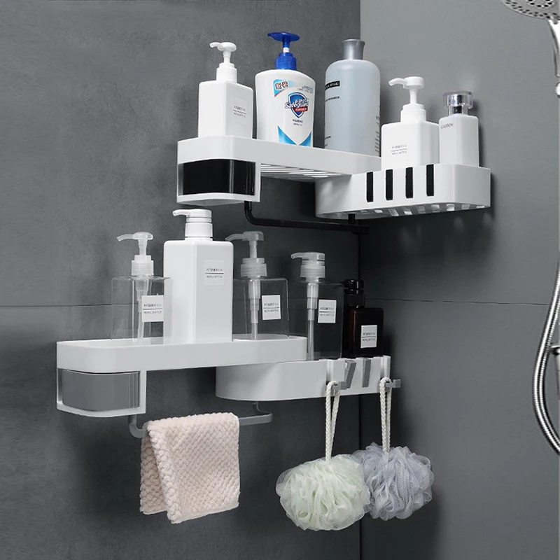 

Bathroom Drying Rack Rotatable Storage Shelf Rack Wall Mounted Kitchen Plastic Organizer Holder With Hook Bathroom Accessories