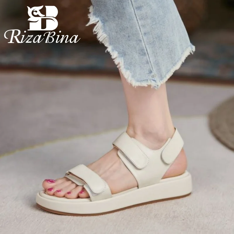 

RIZABINA Women Genuine Leather Sandals Shoes Hook&Loop Platform Wedge Heel Casual Solid Color Fashion Ladies Footwear Size 34-39