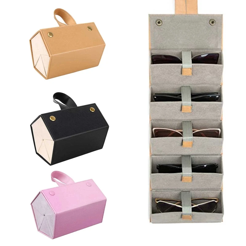 

X7YA 5 Slot Multiple Travel Sunglasses Storage Bag-PU Leather Hanging Foldable Glasses Case Storage Box for Men and Women