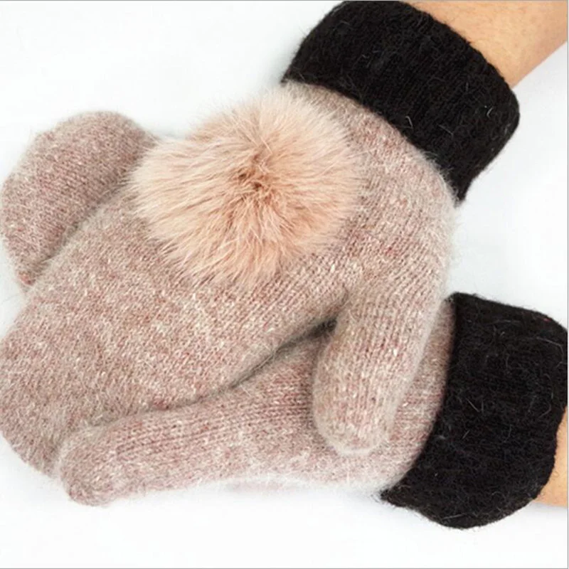 

LJCUIYAO Women Wool Gloves Winter Keep Warm Full Finger Glove Elegant Ladies Rabbit Fur Mittens Thicken Cashmere Soft Mittens