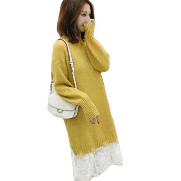 

Autumn/winter large uniform size women's knitted dress long Korean loose lace hollowed-out skirt splicing skirt