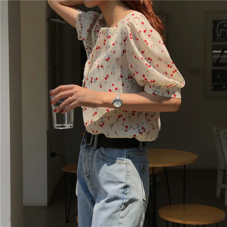 

Shirts Women Korean Style Loose Floral Print Square Collar Short Sleeve Shirt Summer Casual Vintage Blouse Camiseta Femme