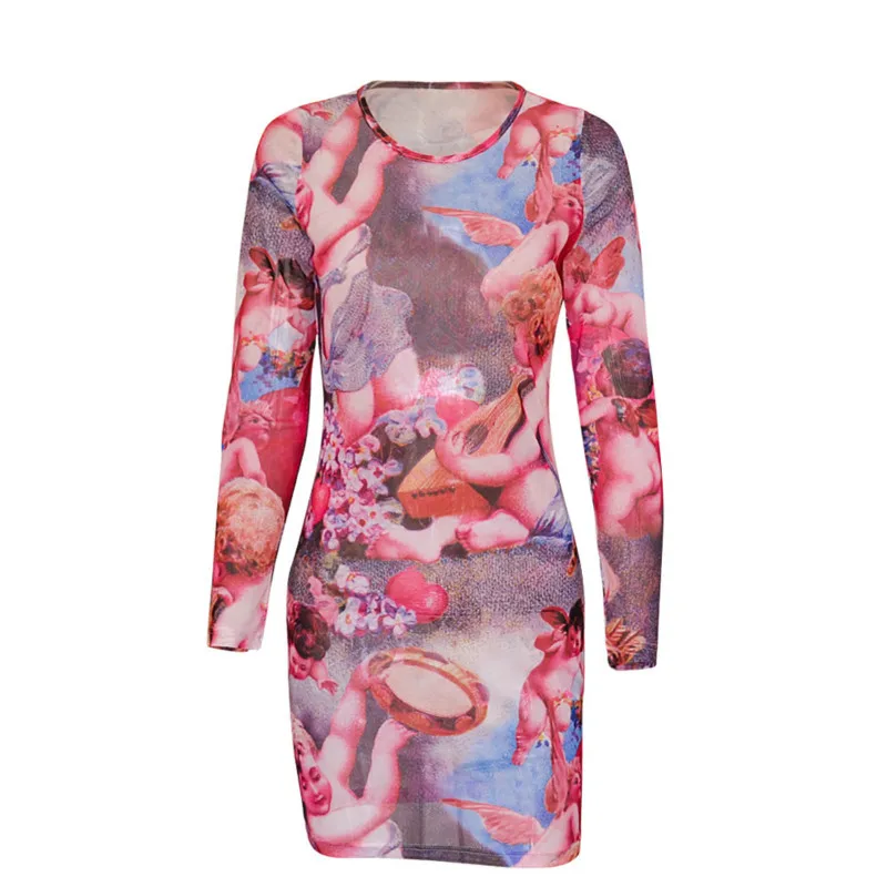 Короткое Сексуальное вечернее платье для женщин 2020 с принтом Купидона Сетчатое