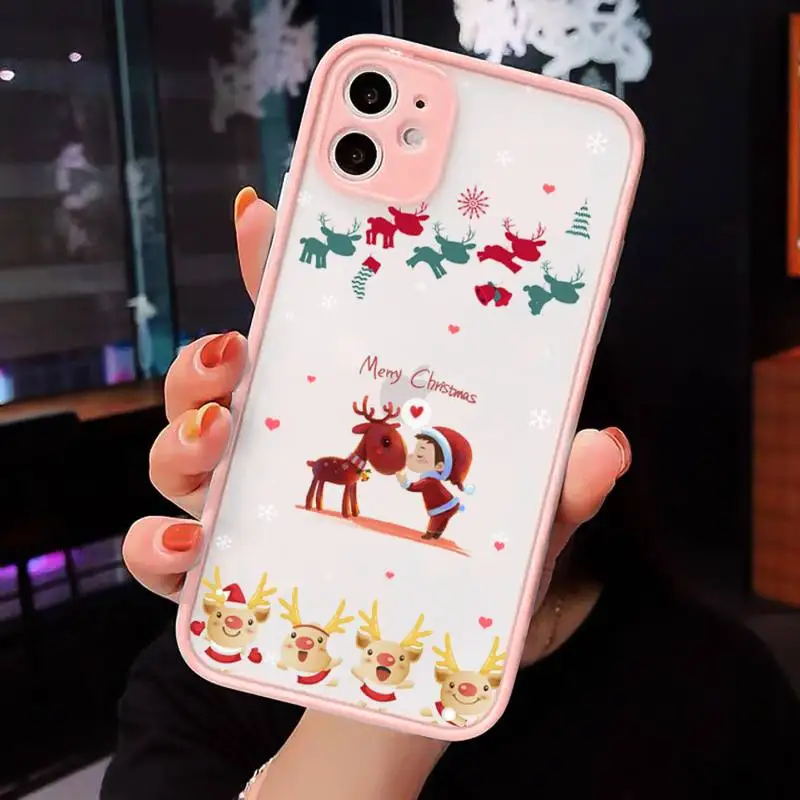 

New Year Merry Christmas Elk Phone Case Pink matte transparent For iPhone 7 8 x xs xr 11 12 pro plus max mini Clear Funda