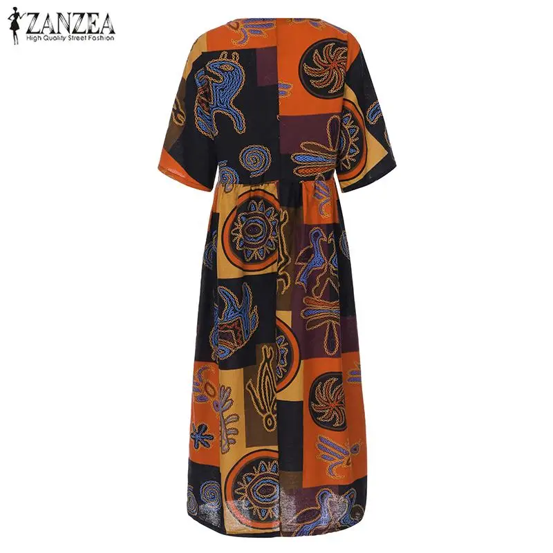 ZANZEA, женское пляжное богемное платье, лето, 5XL размера плюс, женская одежда, короткий рукав, багги, кафтан, Длинное Макси платье, сарафан