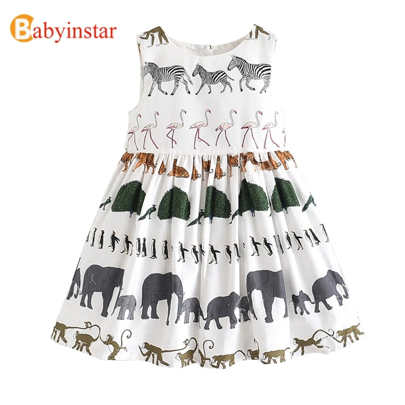 

Babyinstar New Arrival Baby Girls Clothing Sleeveless Petal Collar Dress Cartoon Animal Printed Kids Dresses For Girls