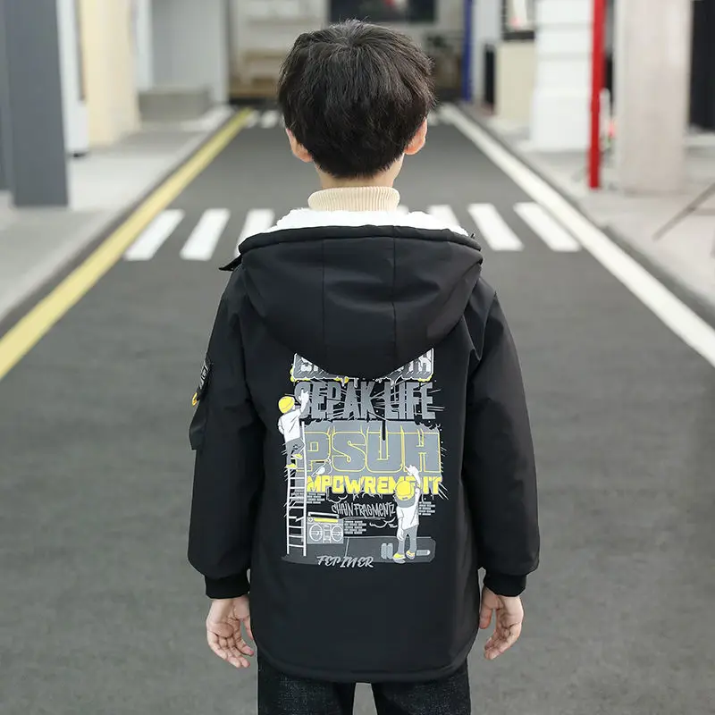 

Winter Polyester Jacket For Boy 2021 Keep Warm Plus Velvet Thickening Coat Print Hooded Mid-Length Casual Children's Clothing