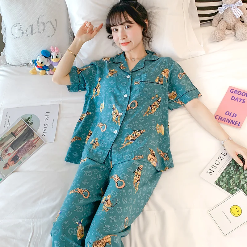 Short Sleeve Pajamas Womens Summer Thin Silk Home Wear Japanese Cardigan Artificial Cotton Student Suit plus Size Air