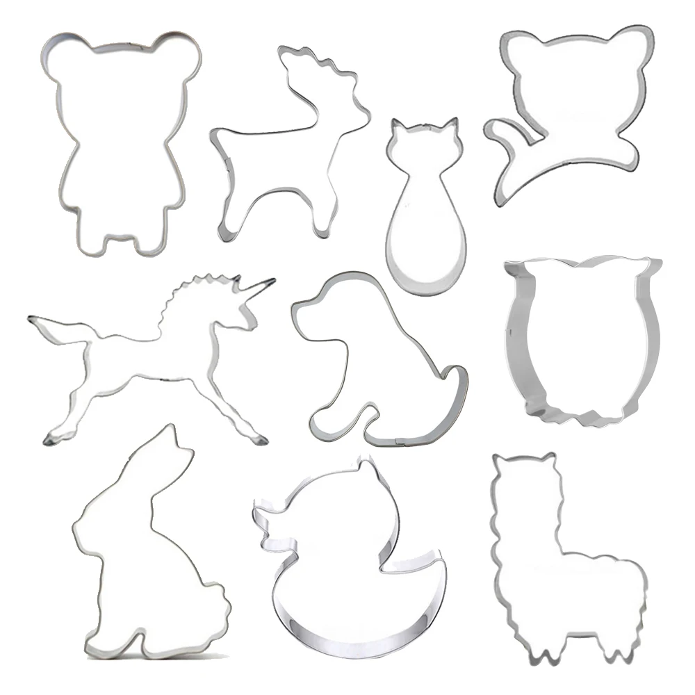 10pcs Animal Cookie Cutter Stainless Steel Cut Candy Biscuit Mold Cooking Tools Rabbit Dog Horse Bear Theme Metal Cutters Mould