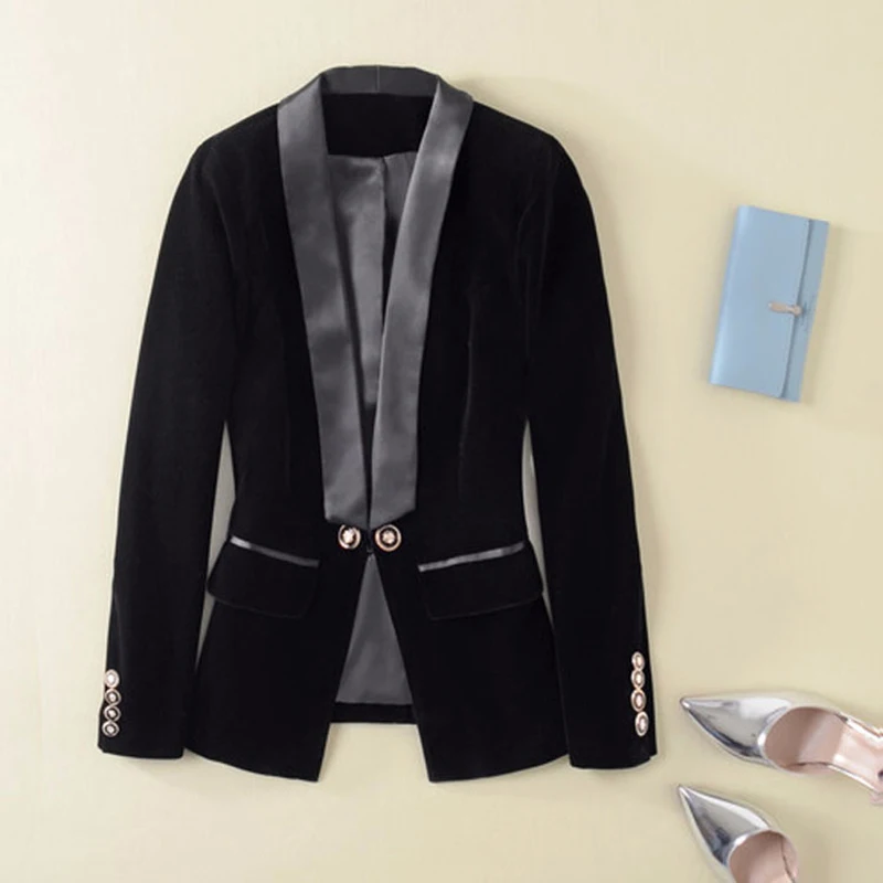 

High Quality 2019 New Velvet Women Blazer Black Blue Elegant Lady Blazers Suits Plus Size Long Sleeve Slim Office Suit Jacket