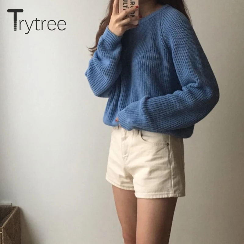 Trytree 2019 Autumn Winter Women Casual Sweater O-neck Pullovers Knitting Fashion Loose Solid 4 Colour All-Purpose Style | Женская