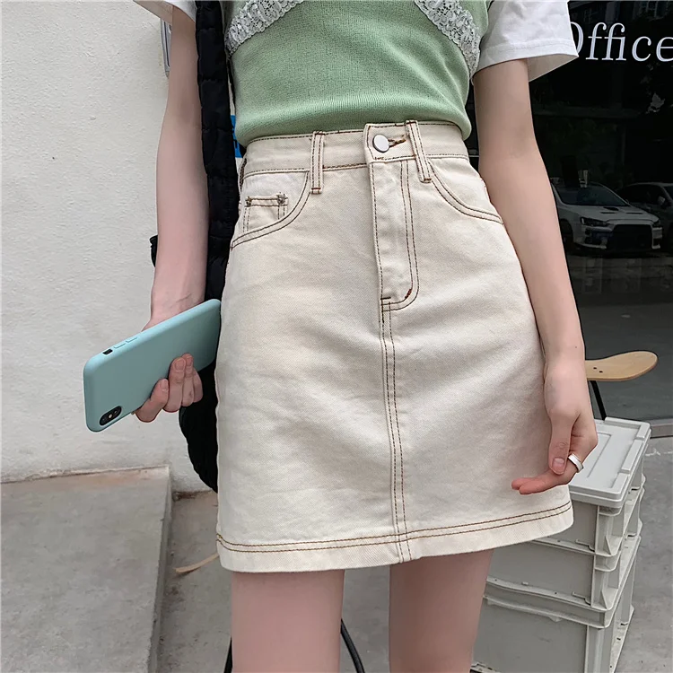 

Retro Denim Little Short Dress Women's Summer 2021 New Korean Style High Waist Slimming Bright Line A- line Skirt Versatile