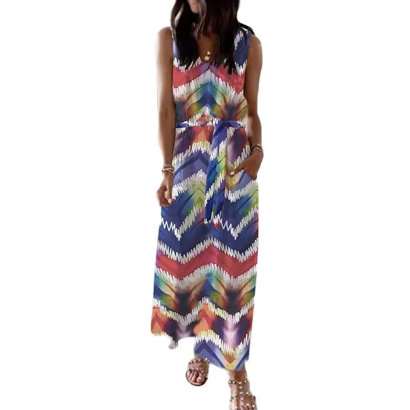 

Women New Loose Printed Vest Belted Dress For Summer 2022 Ladies Fashion Stripe Print V-Neck Casual Splice Pockets Long Dresses