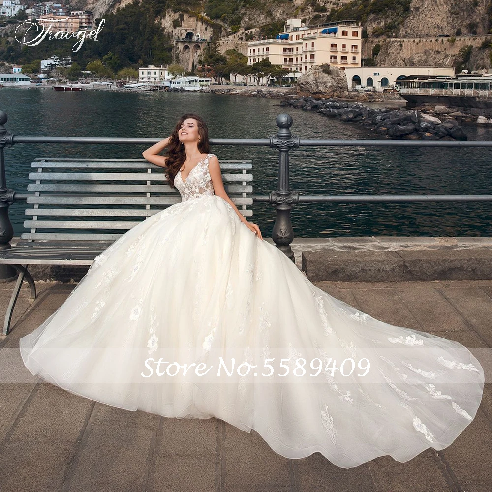 

Traugel Sexy V Neck Ball Gown Lace Wedding Dress Elegant Sleeveless Backless Bead Bridal Dress Long Train Wedding Gown Plus Size